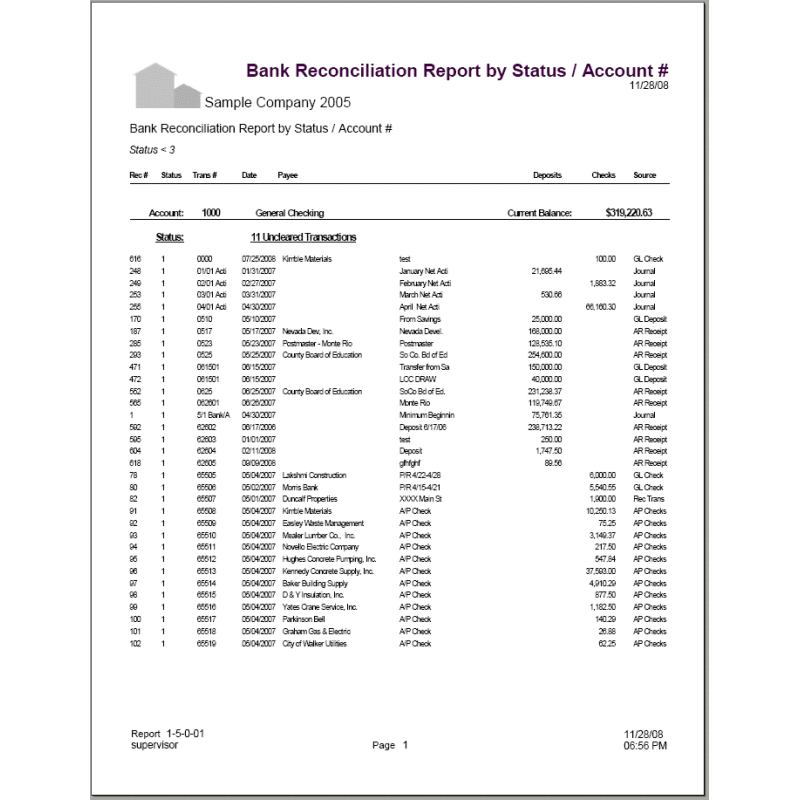 01-05-00-01 Bank Reconciliation Report by Status / Account #