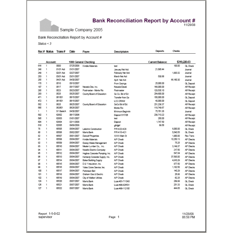 01-05-00-02 Bank Reconciliation Report by Account #