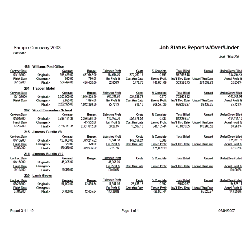03-01-01-19 Job Status Report with Over / Under Billings & Paid Detail