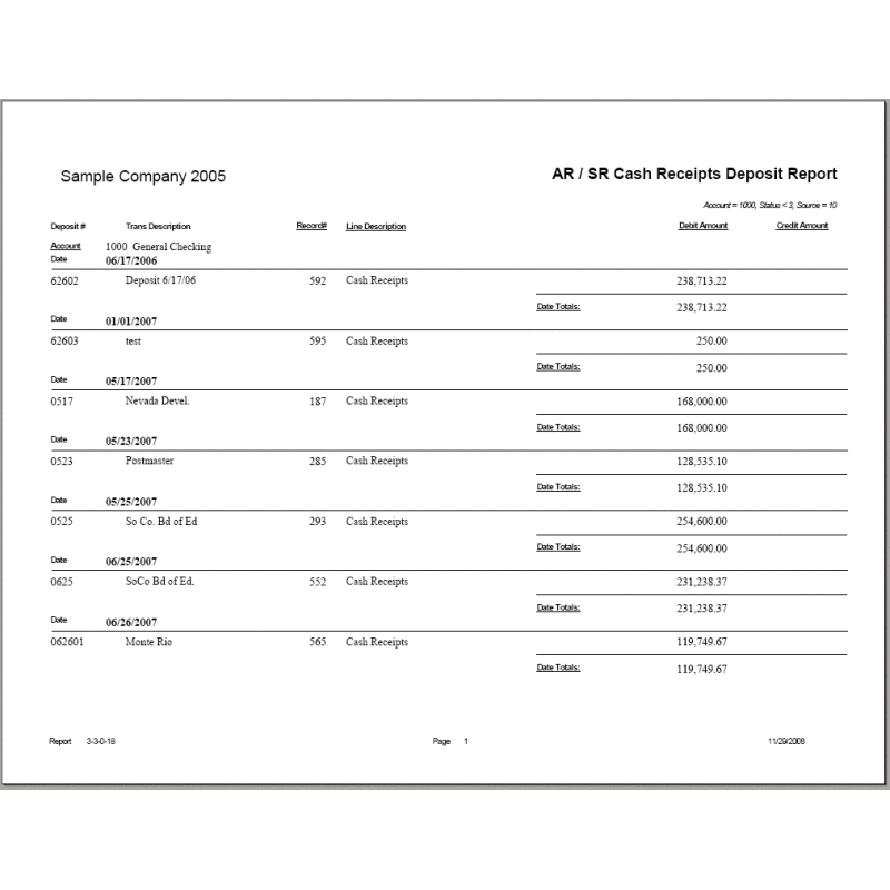 03-03-00-18 AR-SR Cash Receipts Deposit Report