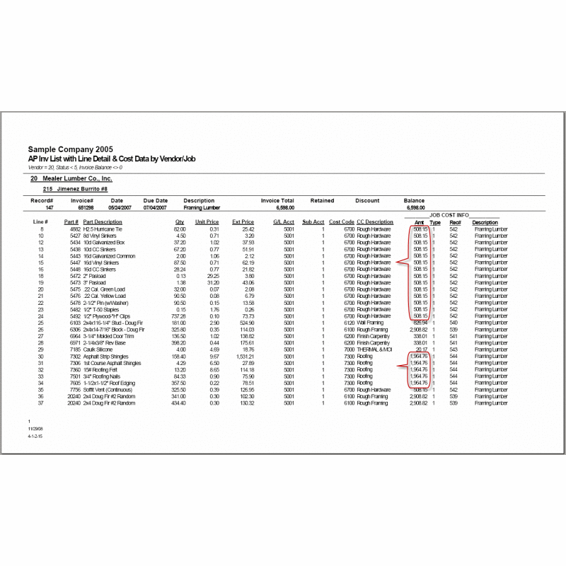 04-01-02-15 AP Inv List with Line Detail & Cost Data by Vendor / Job