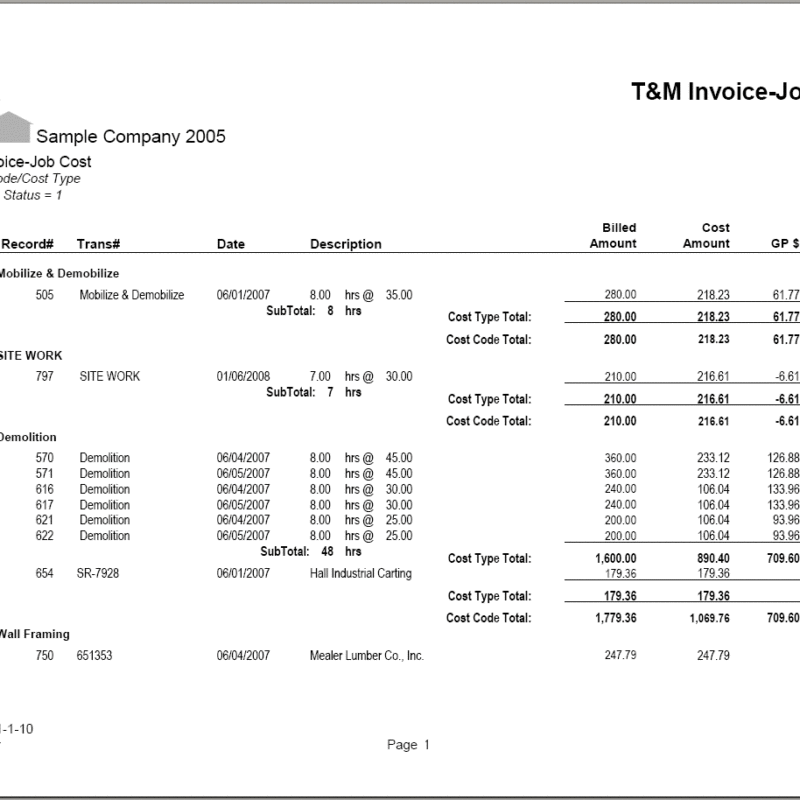 06-01-01-10 T&M Invoice Billing & Job Cost by Cost Code / Cost Type