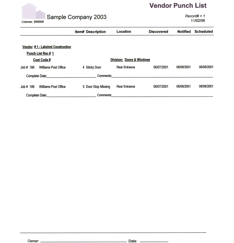 06-11-07-03 Vendor Punch List