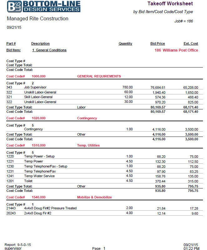 09-05-00-15 Takeoff Worksheet by Cost Codes w- Detail & Totals