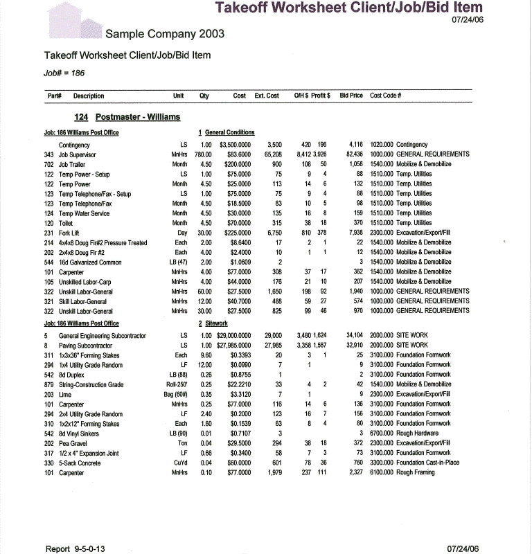 09-05-00-13 Takeoff Worksheet Client/Job/Bid Item