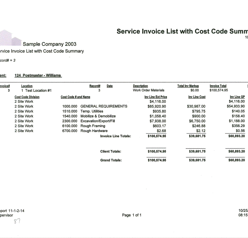 11-01-02-14 Service Invoice List with Cost Code Summary