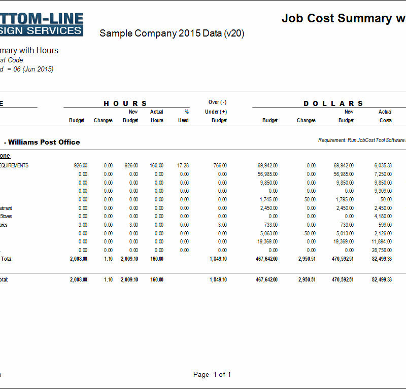 06-01-04-11 Job Cost Summary with Hours Detail by Job/Phase/Cost Code. (REQUIRES JCT software $400 not included, purchase separately)